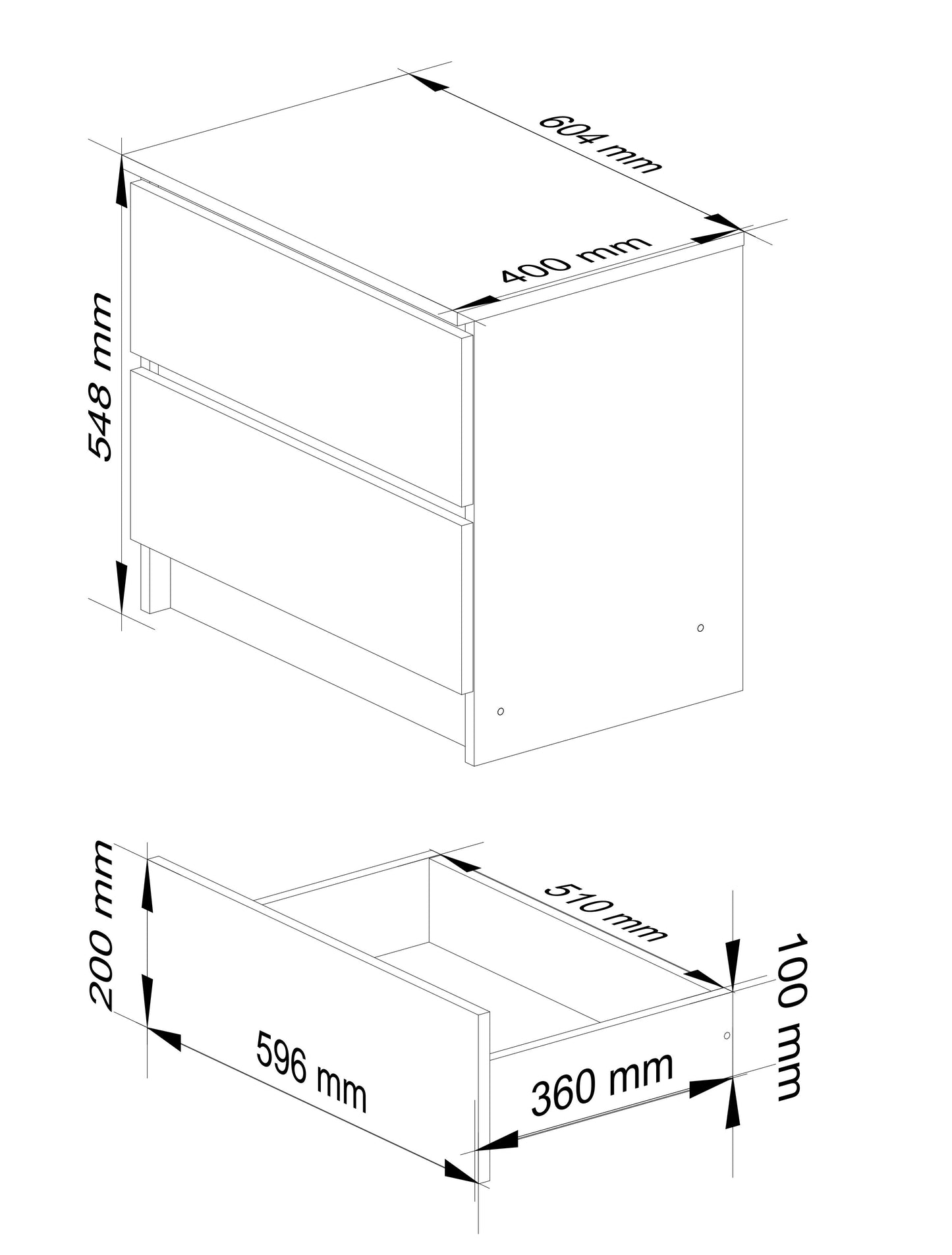 Kommode mit zwei Schubladen, elegant, für minimalistische Innenräume, 60x40x55cm, Wohnzimmer, Schlafzimmer, Flur, Schrank, Sideboard, Highboard, viel Stauraum, in weiß oder sonoma