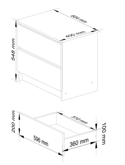 Commode à deux tiroirs, élégante, pour intérieur minimaliste, 60x40x55cm, salon, chambre, couloir, placard, buffet, buffet haut, nombreux rangements, en blanc ou sonoma