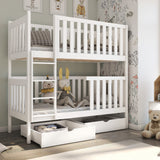 Hochbett 80x180 | 90x200 cm mit 2 Matratzen (optional) Etagenbett umbaubar in 2 Einzelbetten, zwei Schubladen, Lattenrost, extra hoher Rausfallschutz, Vollholz massiv in weiss