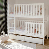 Hochbett 80x180 | 90x200 cm mit 2 Matratzen (optional) Etagenbett umbaubar in 2 Einzelbetten, zwei Schubladen, Lattenrost, extra hoher Rausfallschutz, Vollholz massiv in weiss