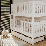 Hochbett 80x180 | 90x200 cm mit 2 Matratzen (optional) Etagenbett umbaubar in 2 Einzelbetten, zwei Schubladen, Lattenrost, extra hoher Rausfallschutz, Vollholz massiv in weiss