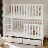 Hochbett 80x180 | 90x200 cm mit 2 Matratzen (optional) Etagenbett umbaubar in 2 Einzelbetten, zwei Schubladen, Lattenrost, extra hoher Rausfallschutz, Vollholz massiv in weiss
