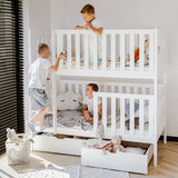 Hochbett 80x180 | 90x200 cm mit 2 Matratzen (optional) Etagenbett umbaubar in 2 Einzelbetten, zwei Schubladen, Lattenrost, extra hoher Rausfallschutz, Vollholz massiv in weiss