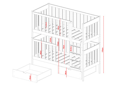 Lit mezzanine 80x180 | 90x200 cm avec 2 matelas (en option) lit superposé transformable en 2 lits simples, deux tiroirs, sommier à lattes, protection antichute extra haute, bois massif blanc