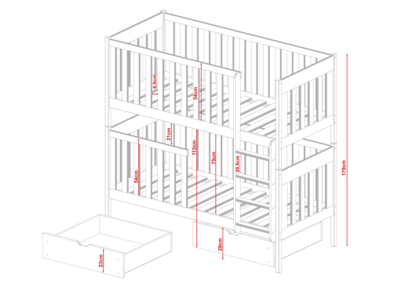 Lit mezzanine B-stock 90x200 cm, lit superposé transformable en 2 lits simples, deux tiroirs, sommier à lattes, protection antichute extra haute, bois massif blanc