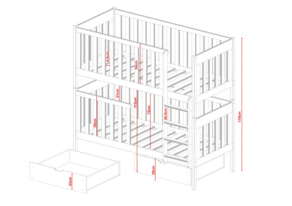 Lit mezzanine B-stock 90x200 cm, lit superposé transformable en 2 lits simples, deux tiroirs, sommier à lattes, protection antichute extra haute, bois massif blanc