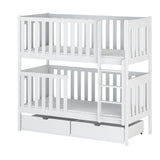 Hochbett 80x180 | 90x200 cm mit 2 Matratzen (optional) Etagenbett umbaubar in 2 Einzelbetten, zwei Schubladen, Lattenrost, extra hoher Rausfallschutz, Vollholz massiv in weiss