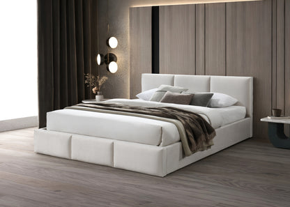 Lit rembourré lit double 140x200 | 160x200 cm velours beige ou gris | avec sommier à lattes en métal et espace de rangement avec coffre de lit hydraulique 