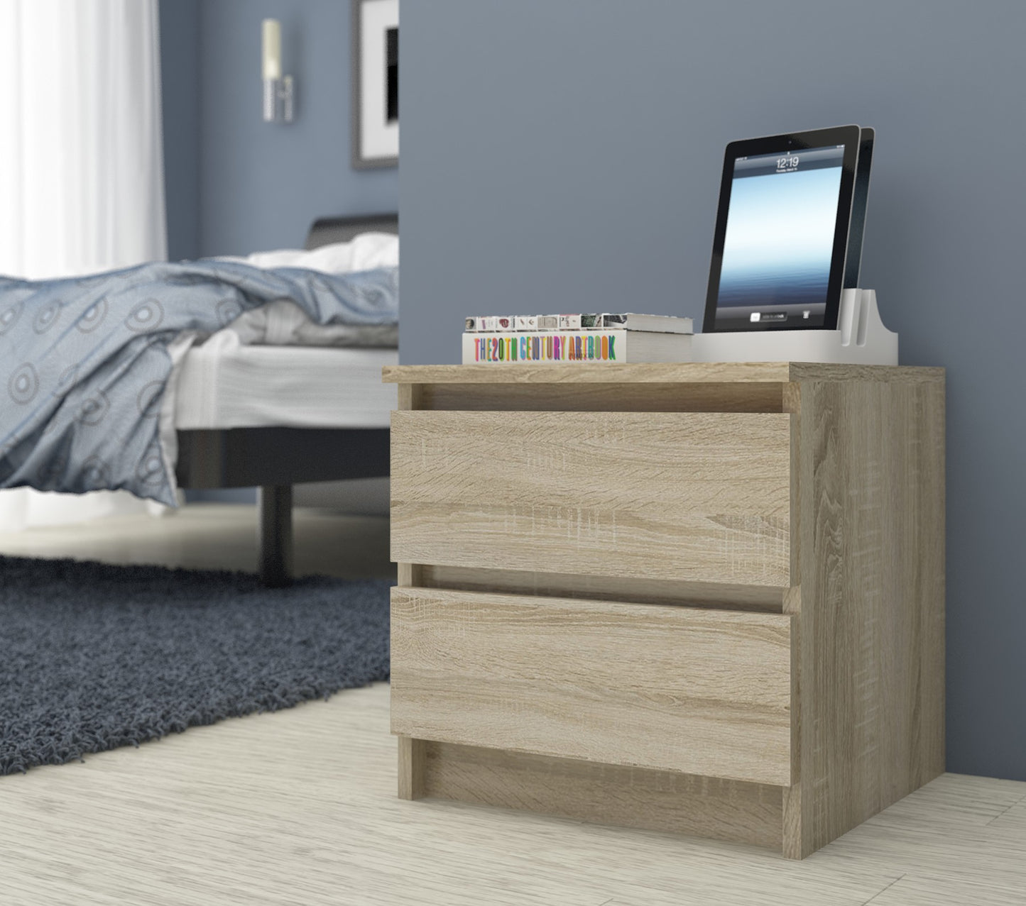 Kommode mit zwei Schubladen, elegant, für minimalistische Innenräume, 60x40x55cm, Wohnzimmer, Schlafzimmer, Flur, Schrank, Sideboard, Highboard, viel Stauraum, in weiß oder sonoma