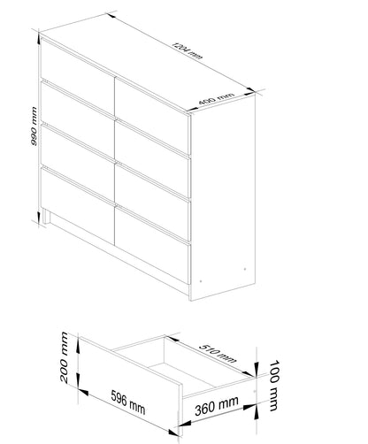 Kommode 120cm breit mit 4, 6, 8, 10 Schubladen, Schlafzimmer und Wohnzimmer, vielseitig einsetzbar für Flur und Kinderzimmer