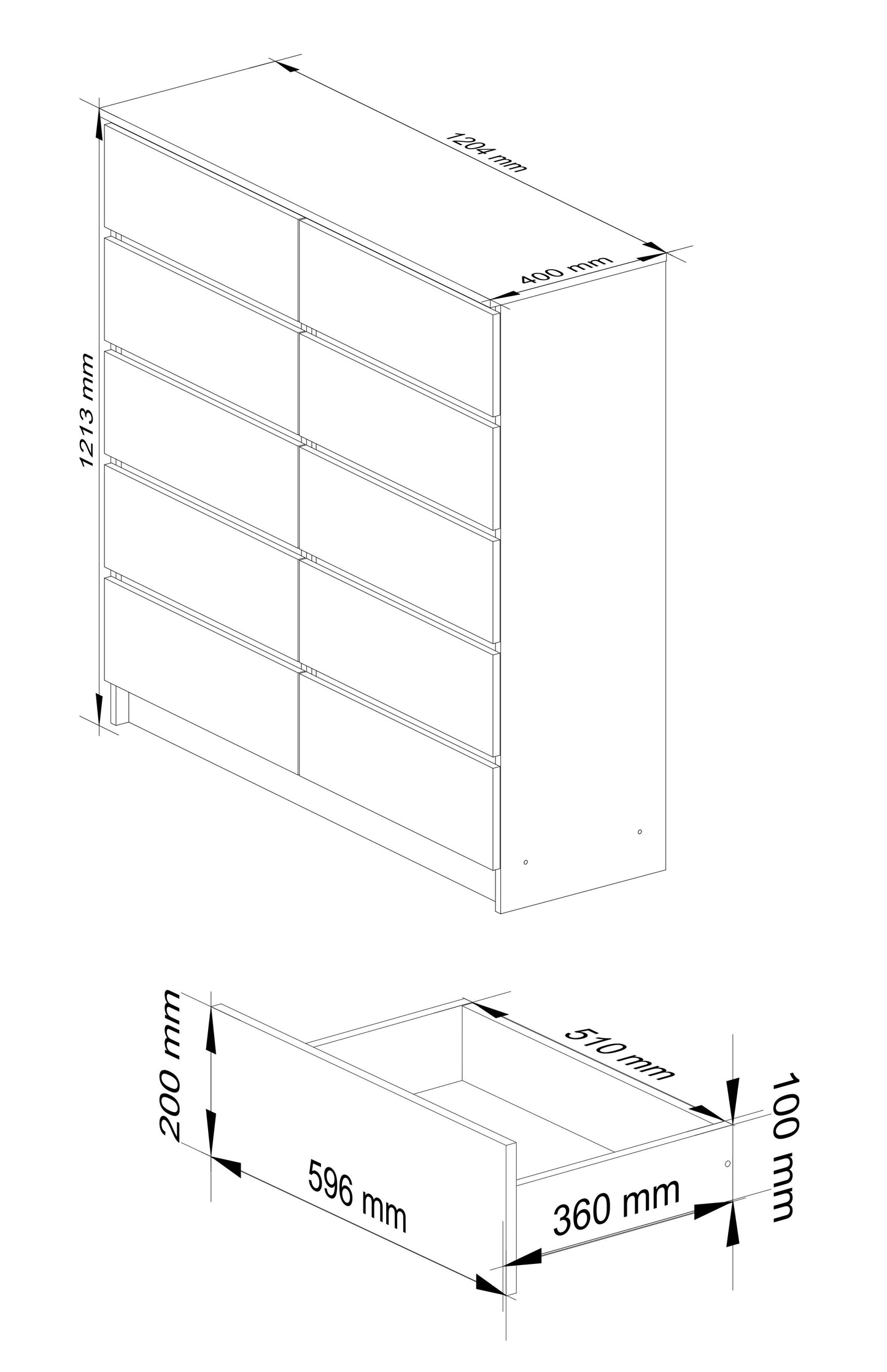 Kommode 120cm breit mit 4, 6, 8, 10 Schubladen, Schlafzimmer und Wohnzimmer, vielseitig einsetzbar für Flur und Kinderzimmer