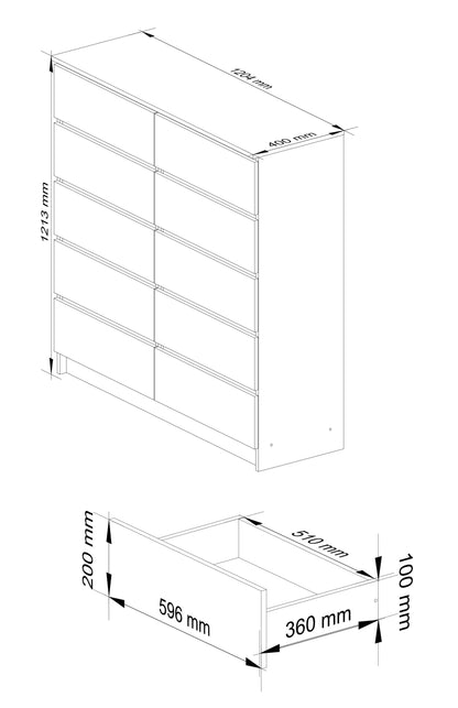 Kommode 120cm breit mit 4, 6, 8, 10 Schubladen, Schlafzimmer und Wohnzimmer, vielseitig einsetzbar für Flur und Kinderzimmer