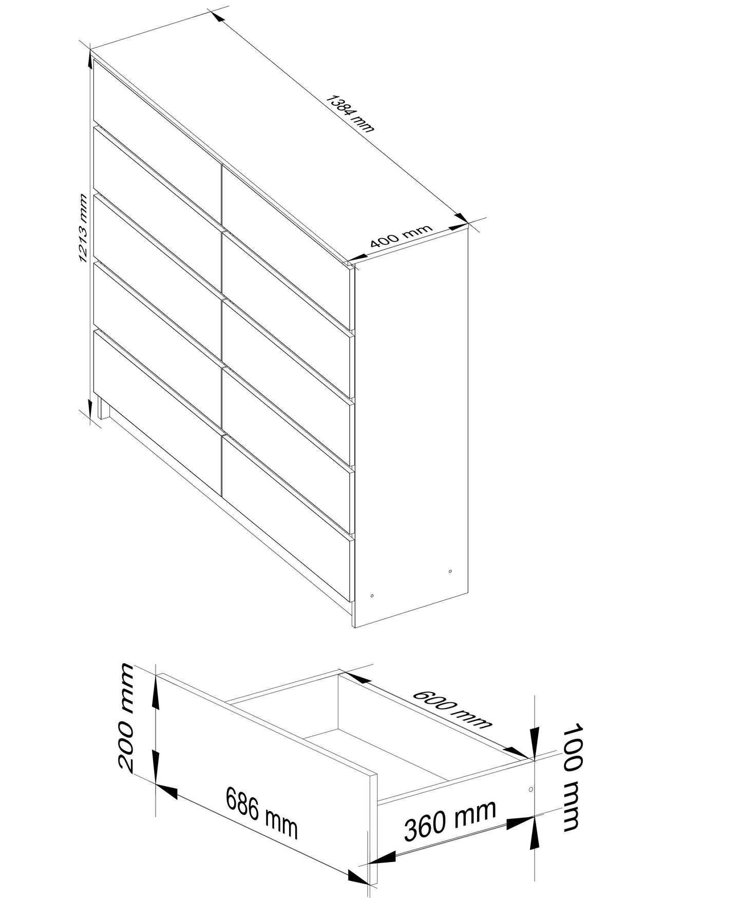 Commode largeur 140 cm, chambre et salon, polyvalente pour couloirs et chambres d'enfants