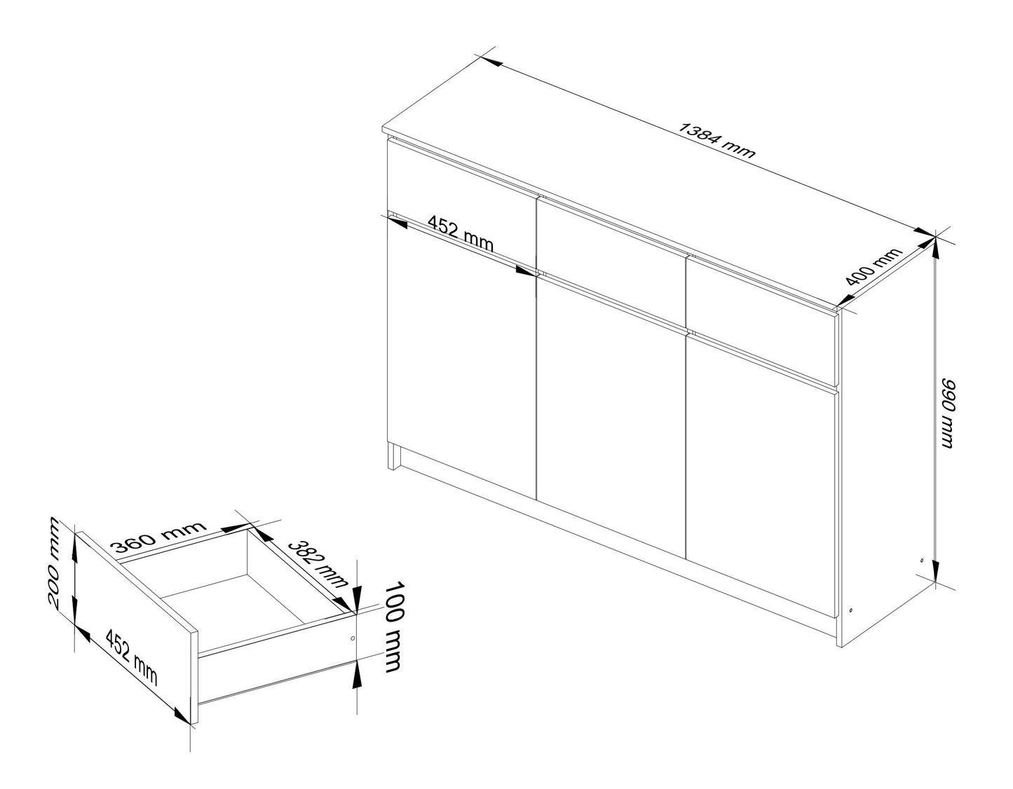 Commode largeur 140 cm, chambre et salon, polyvalente pour couloirs et chambres d'enfants