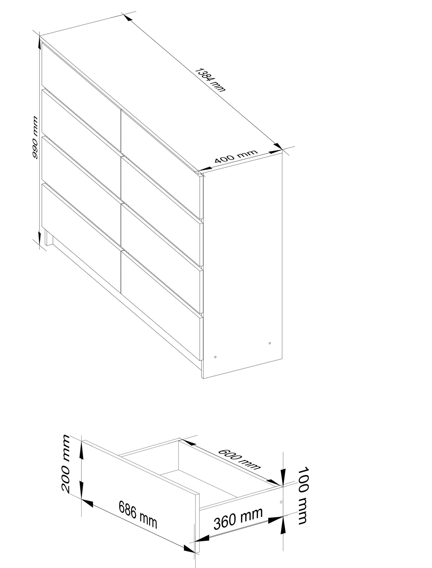 Commode largeur 140 cm, chambre et salon, polyvalente pour couloirs et chambres d'enfants