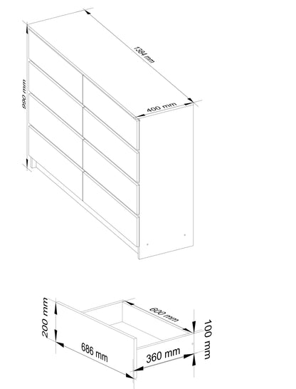 Commode largeur 140 cm, chambre et salon, polyvalente pour couloirs et chambres d'enfants