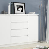 Commode blanche largeur 160 cm, chambre et salon, polyvalente pour couloirs et chambres d'enfants