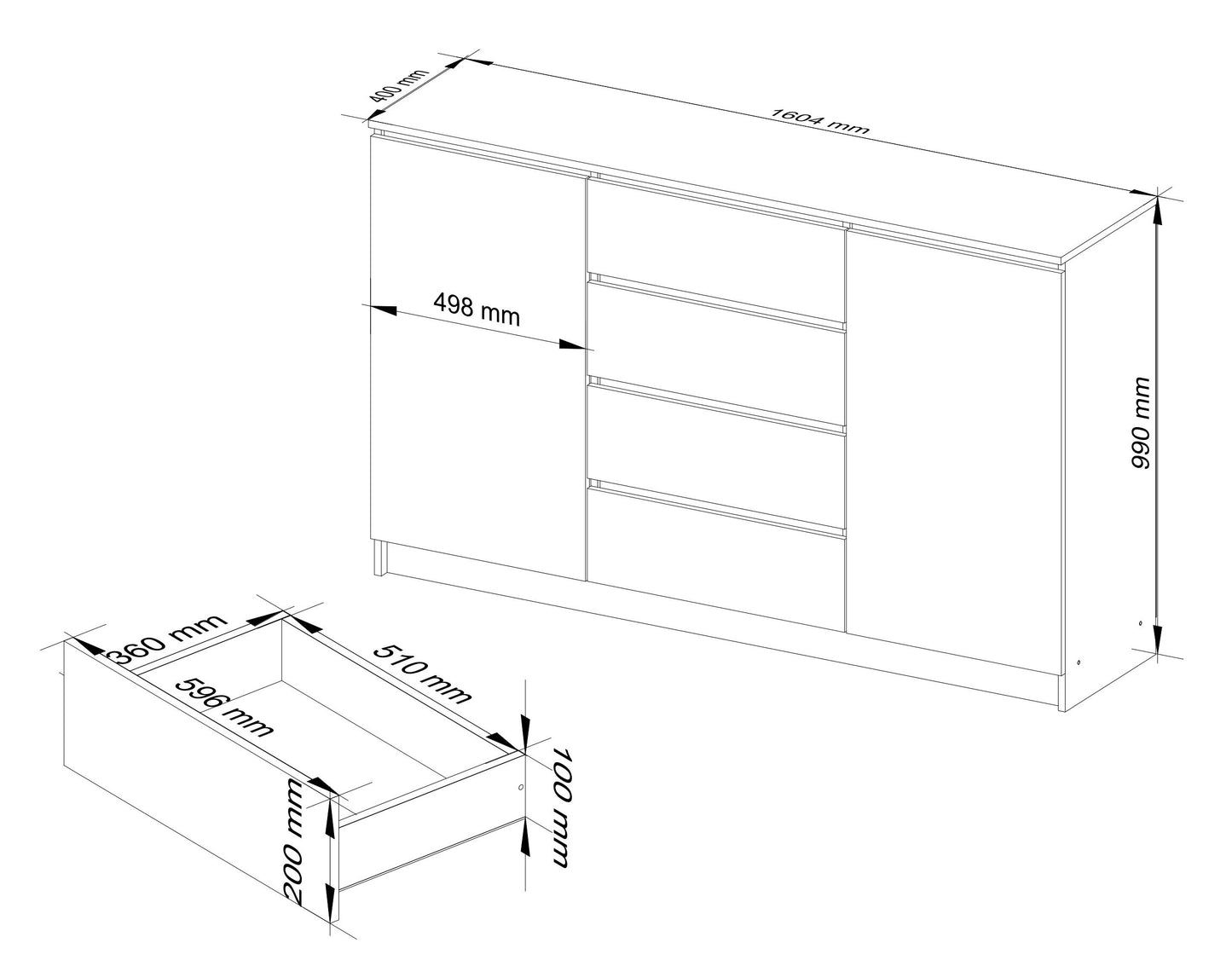 Kommode weiß 160cm breit, Schlafzimmer und Wohnzimmer, vielseitig einsetzbar für Flur und Kinderzimmer