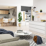 Commode blanche largeur 160 cm, chambre et salon, polyvalente pour couloirs et chambres d'enfants