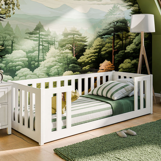 Lit enfant 90x200 cm avec matelas (en option), protection antichute et sommier à lattes en blanc lit fille garçon lit jeune lit simple 200x90 cm