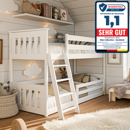Hochbett 90x200 cm mit Matratze (optional) Rausfallschutz & zwei Lattenroste in weiß und natur Mädchen Jungen Bett Kinderbett Jugendbett 200x90 cm