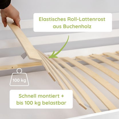 Hochbett 90x200 cm mit Matratze (optional) Rausfallschutz & zwei Lattenroste in weiß und natur Mädchen Jungen Bett Kinderbett Jugendbett 200x90 cm