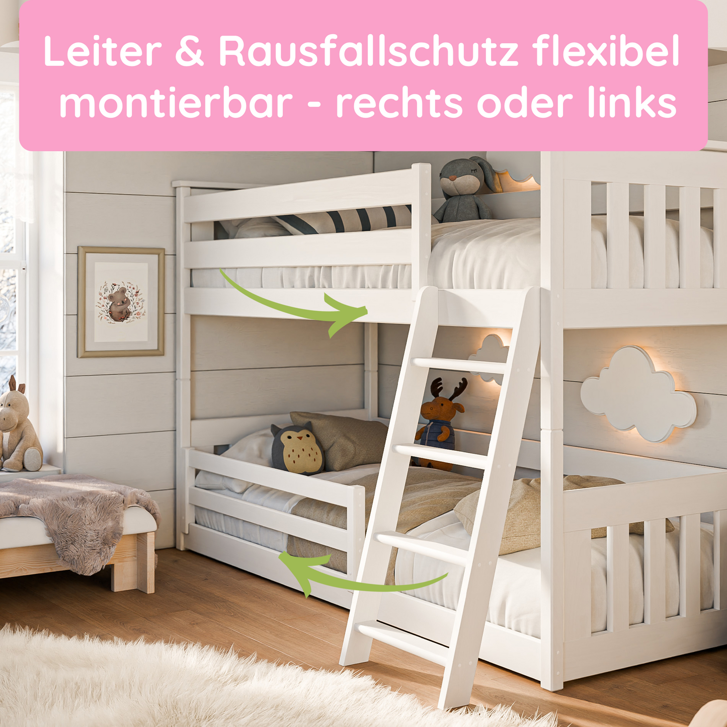 Hochbett 90x200 cm mit Matratze (optional) Rausfallschutz & zwei Lattenroste in weiß und natur Mädchen Jungen Bett Kinderbett Jugendbett 200x90 cm