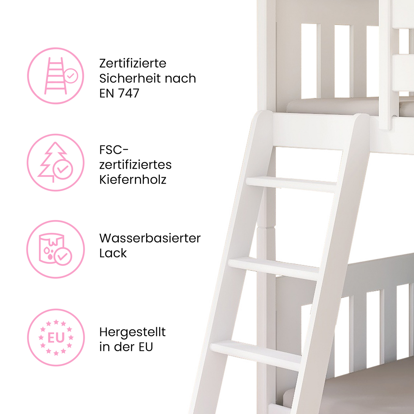 Hochbett 90x200 cm mit Matratze (optional) Rausfallschutz & zwei Lattenroste in weiß und natur Mädchen Jungen Bett Kinderbett Jugendbett 200x90 cm