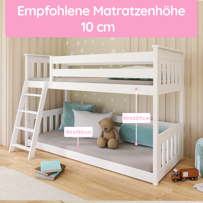 Hochbett 90x200 cm mit Matratze (optional) Rausfallschutz & zwei Lattenroste in weiß und natur Mädchen Jungen Bett Kinderbett Jugendbett 200x90 cm