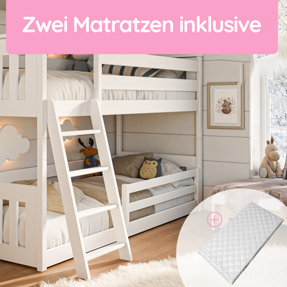 Hochbett 90x200 cm mit Matratze (optional) Rausfallschutz & zwei Lattenroste in weiß und natur Mädchen Jungen Bett Kinderbett Jugendbett 200x90 cm