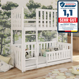 Hochbett 90x200 cm Etagenbett mit Rausfallschutz & zwei Lattenroste, umbaubar in zwei Einzelbetten, aus Vollholz massiv in weiß