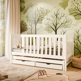 Lit simple 90x200 avec lit gigogne avec matelas (en option), sommier à lattes, protection antichute et deux tiroirs en bois massif blanc, lit fonctionnel, lit d'adolescent