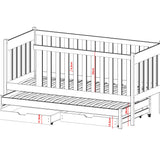 Lit simple 90x200 avec lit gigogne avec matelas (en option), sommier à lattes, protection antichute et deux tiroirs en bois massif blanc, lit fonctionnel, lit d'adolescent