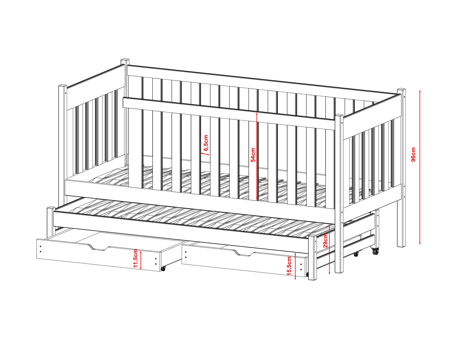 EInzelbett 90x200 mit Rausziehbett mit Matratze (optional), Lattenrost, Rausfallschutz und zwei Schubladen aus Vollholz massiv in weiss, Funkstionsbett, Jugendbett