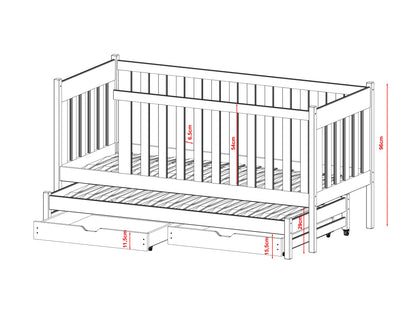 Lit simple 90x200 avec lit gigogne avec matelas (en option), sommier à lattes, protection antichute et deux tiroirs en bois massif blanc, lit fonctionnel, lit d'adolescent