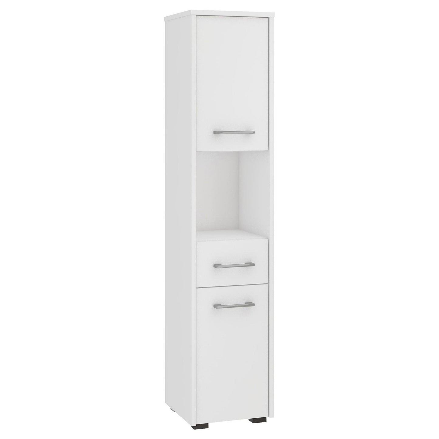 Meuble de salle de bain étroit blanc avec 2 portes et tiroir, hauteur 140 cm, largeur et profondeur 30 cm