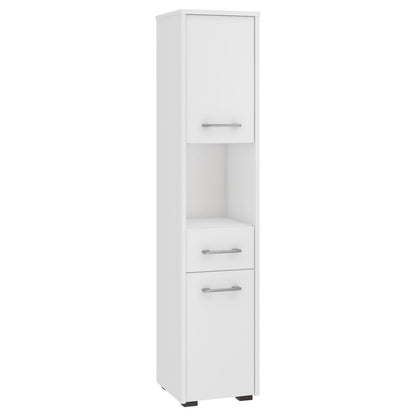 Badezimmerschrank schmal weiß mit 2 Türen und Schublade, 140 cm hoch, 30cm breit und tief