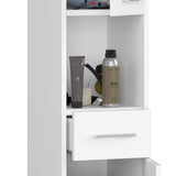 Badezimmerschrank schmal weiß mit 2 Türen und Schublade, 140 cm hoch, 30cm breit und tief