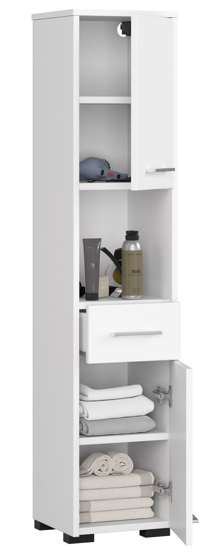 Badezimmerschrank schmal weiß mit 2 Türen und Schublade, 140 cm hoch, – HomeCollectiveBerlin