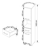 Badezimmerschrank schmal weiß mit 2 Türen und Schublade, 140 cm hoch, 30cm breit und tief
