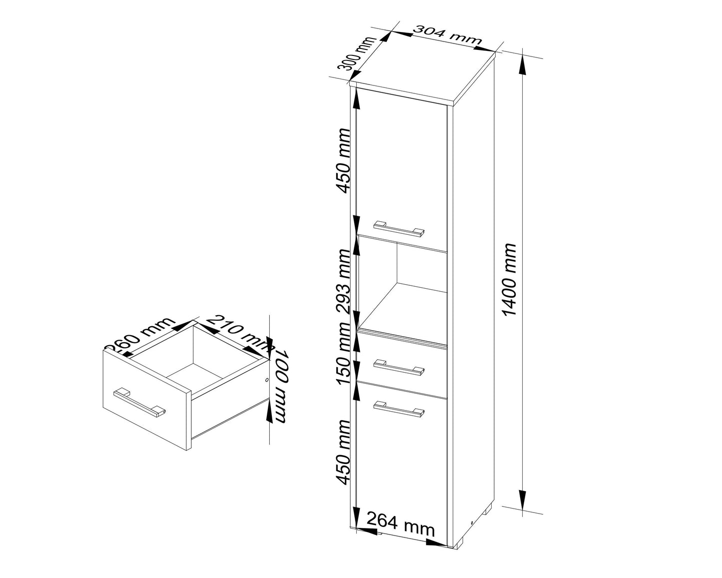 Badezimmerschrank schmal weiß mit 2 Türen und Schublade, 140 cm hoch, 30cm breit und tief