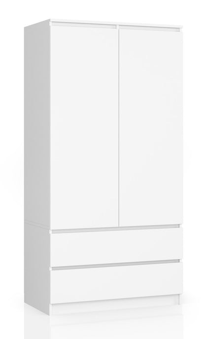 Kleiderschrank weiß, Schrank mit 2 Türen und 2 Schubladen, 180cm hoch, Kleiderstange, Garderobe, Schlafzimmer, Wohnzimmer