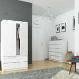 Kleiderschrank weiß, Schrank mit 2 Türen und 2 Schubladen, 180cm hoch, Kleiderstange, Garderobe, Schlafzimmer, Wohnzimmer