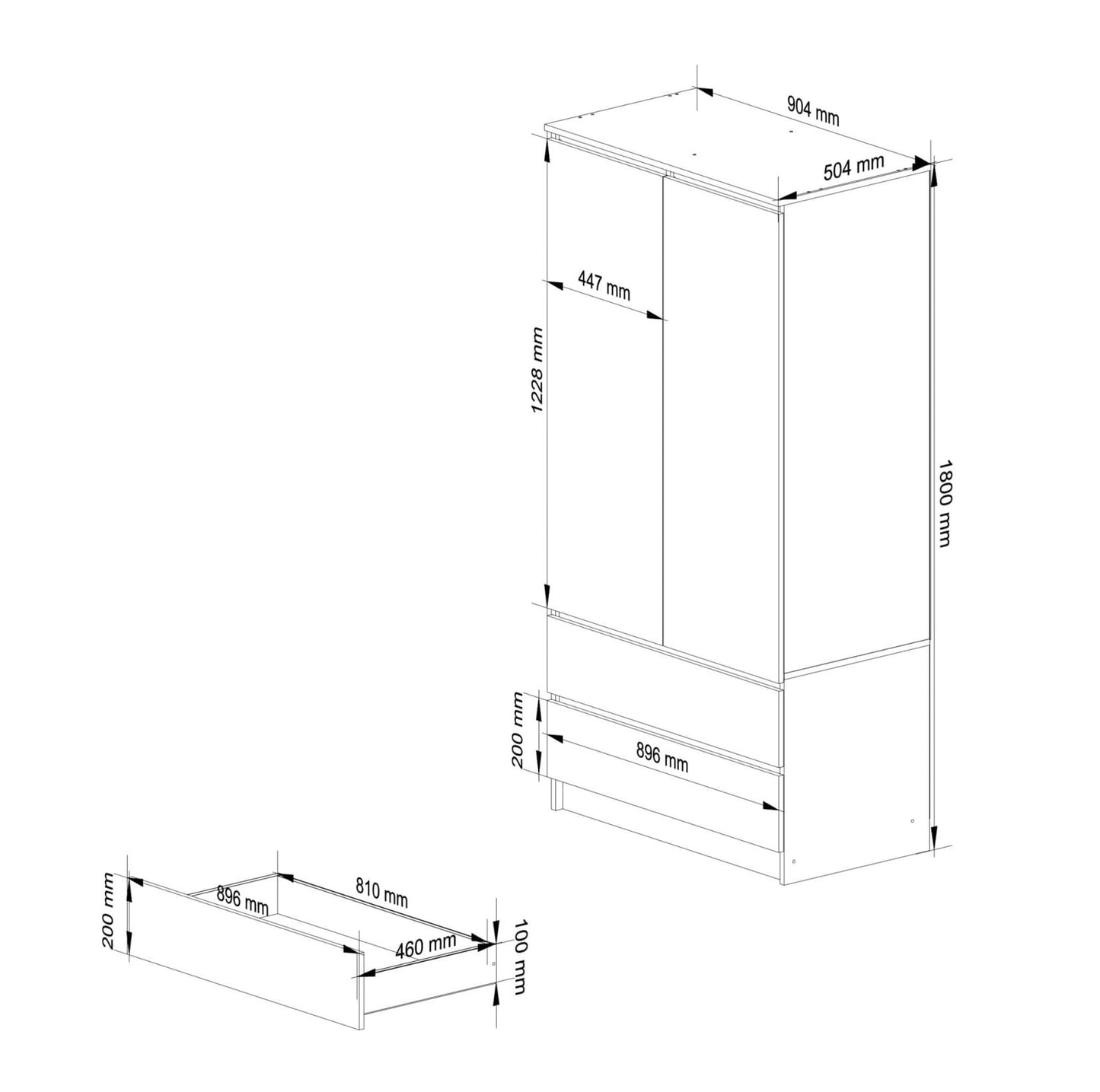 Armoire blanche, armoire avec 2 portes et 2 tiroirs, hauteur 180cm, tringle à vêtements, penderie, chambre, séjour