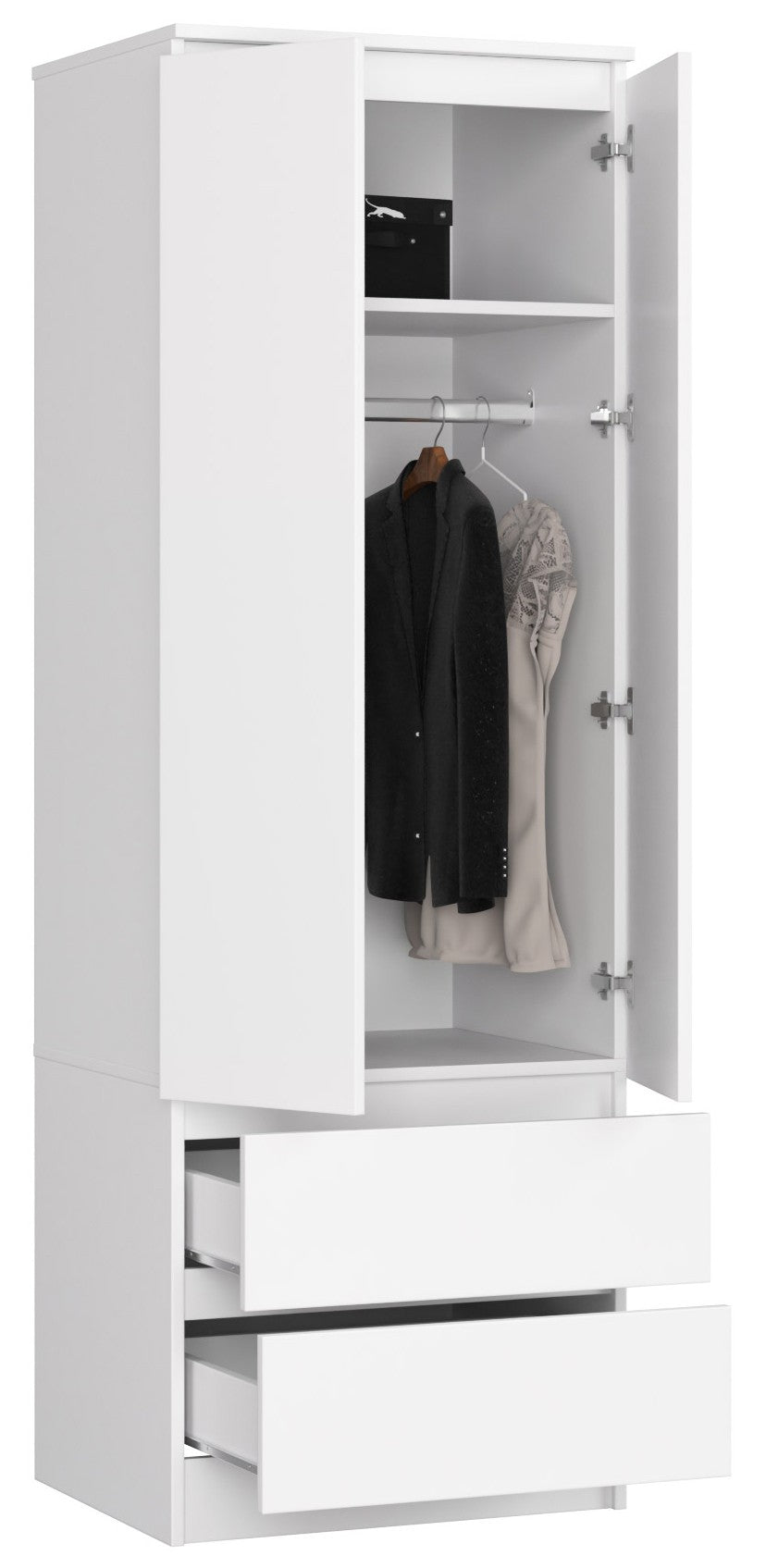 Armoire blanche, armoire avec 2 portes et 2 tiroirs, hauteur 180cm, tringle à vêtements, penderie, chambre, séjour