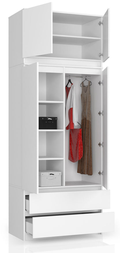 Kleiderschrank weiß, Schrank mit 2 Türen und 2 Schubladen, 180cm hoch, Kleiderstange, Garderobe, Schlafzimmer, Wohnzimmer