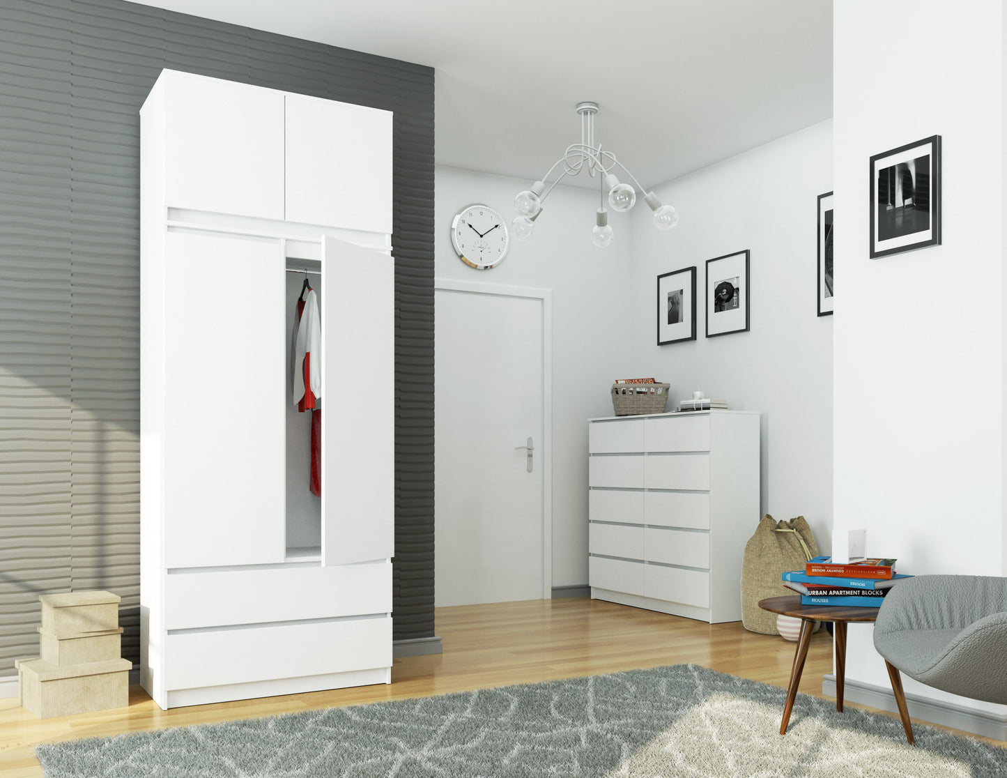 Kleiderschrank weiß, Schrank mit 2 Türen und 2 Schubladen, 180cm hoch, Kleiderstange, Garderobe, Schlafzimmer, Wohnzimmer