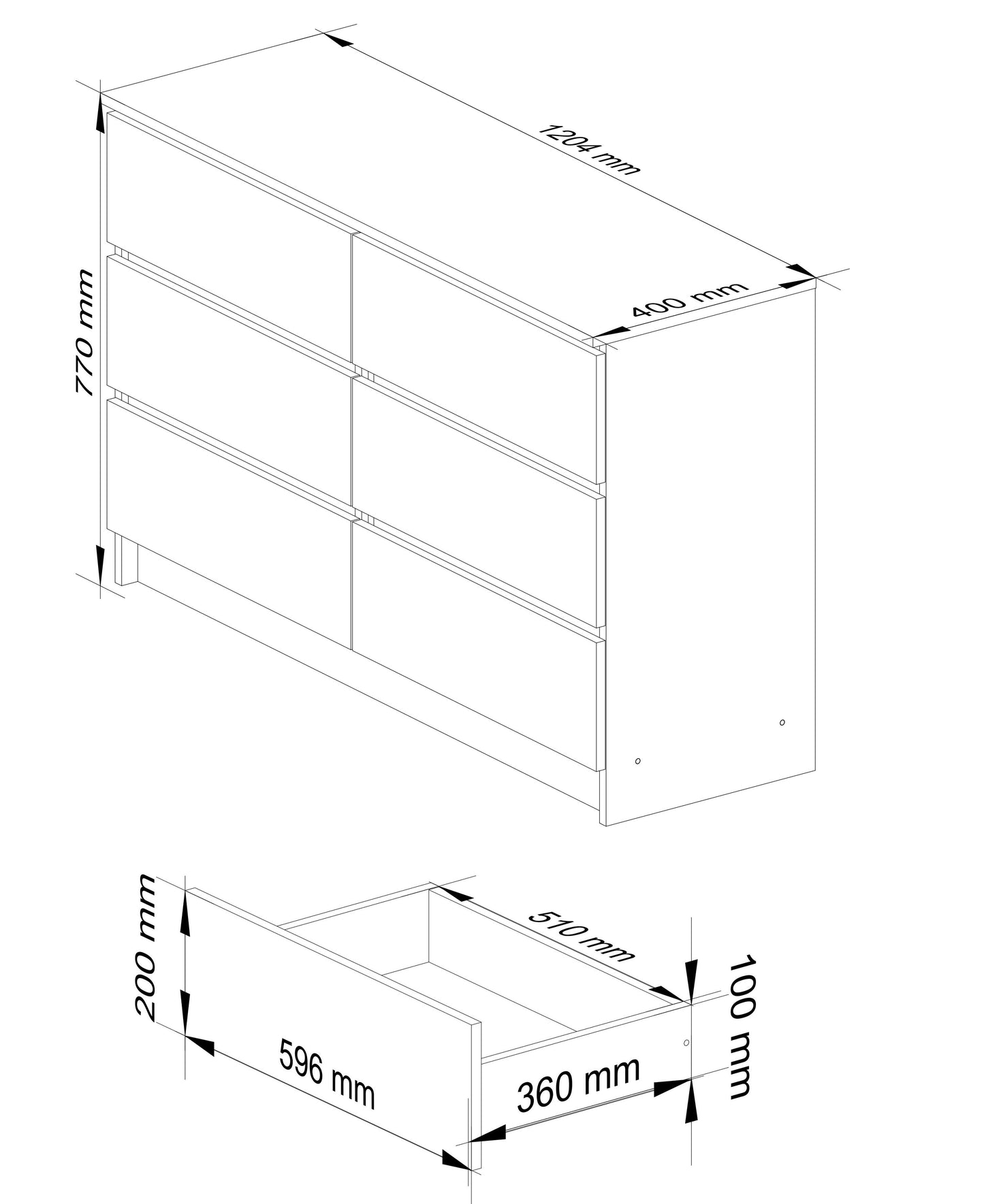 Commode de 120 cm de large avec 4, 6, 8, 10 tiroirs, chambre et salon, polyvalente pour couloirs et chambres d'enfants