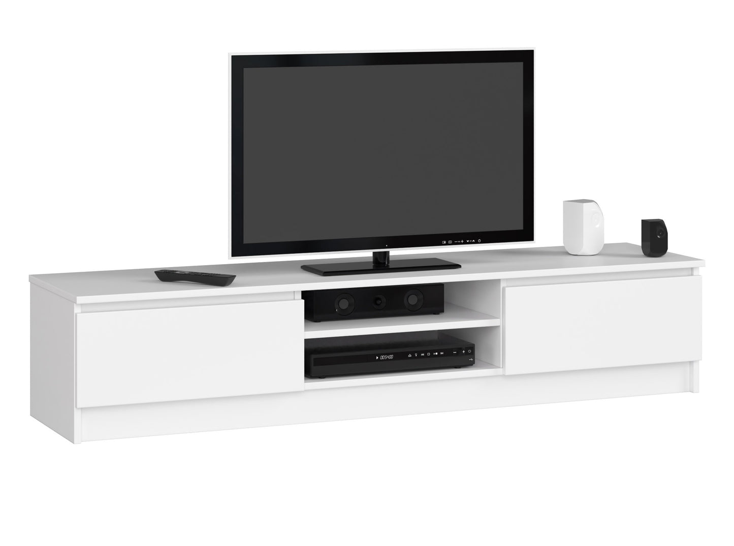 Meuble TV de 160 cm de large avec deux portes et deux étagères ouvertes, meuble TV moderne, lowboard, salon chambre