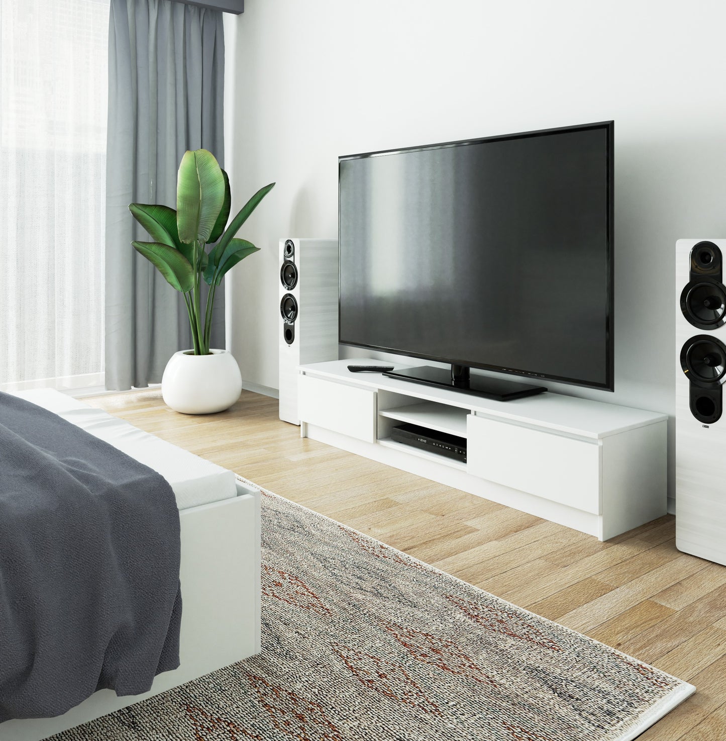 Fernsehschrank 160cm breit mit zwei Türen und zwei offenen Regalen, moderner TV-Schrank, Lowboard, Wohnzimmer Schlafzimmer